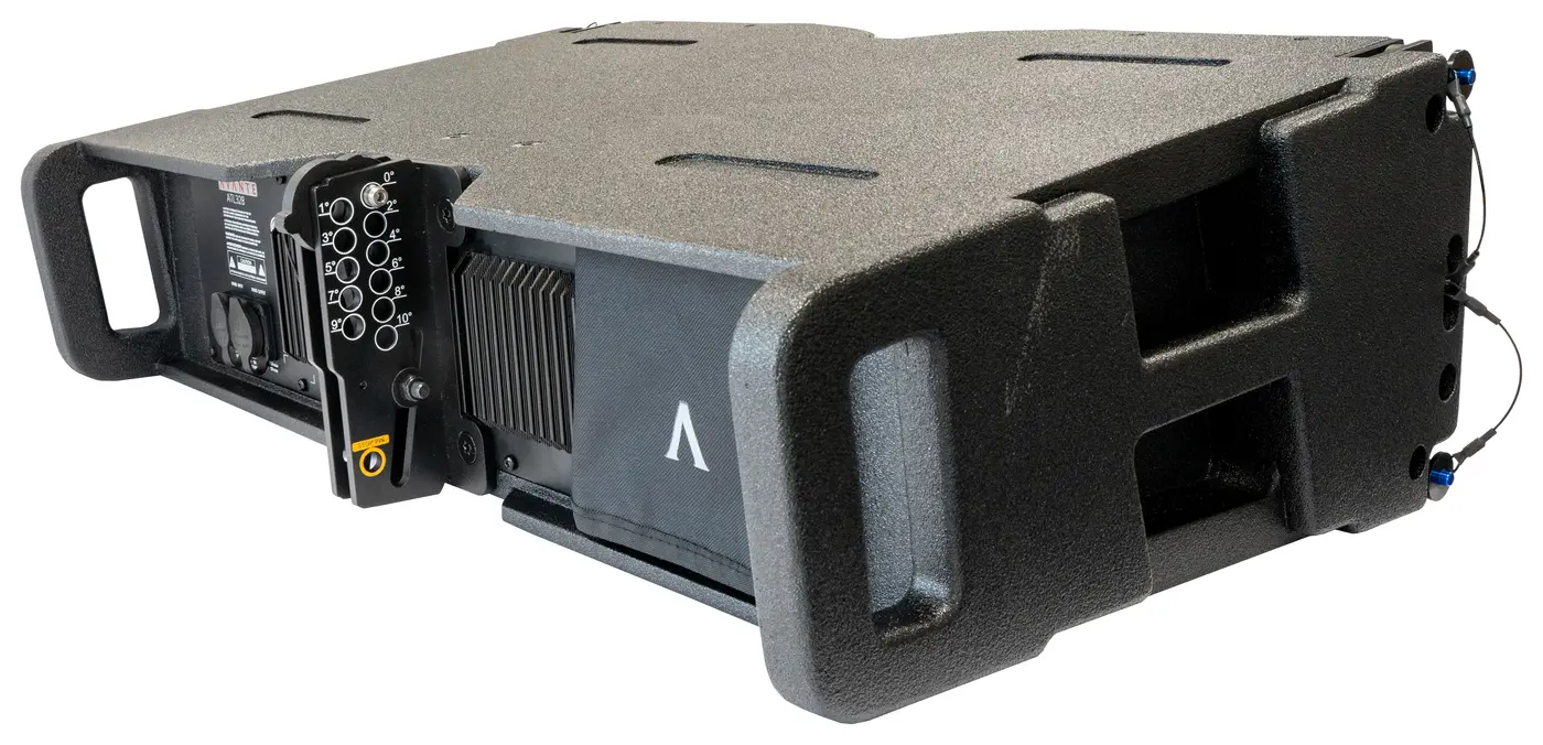 Avante AKRO ATL328 line array module, rear angled view with rigging hardware and handles