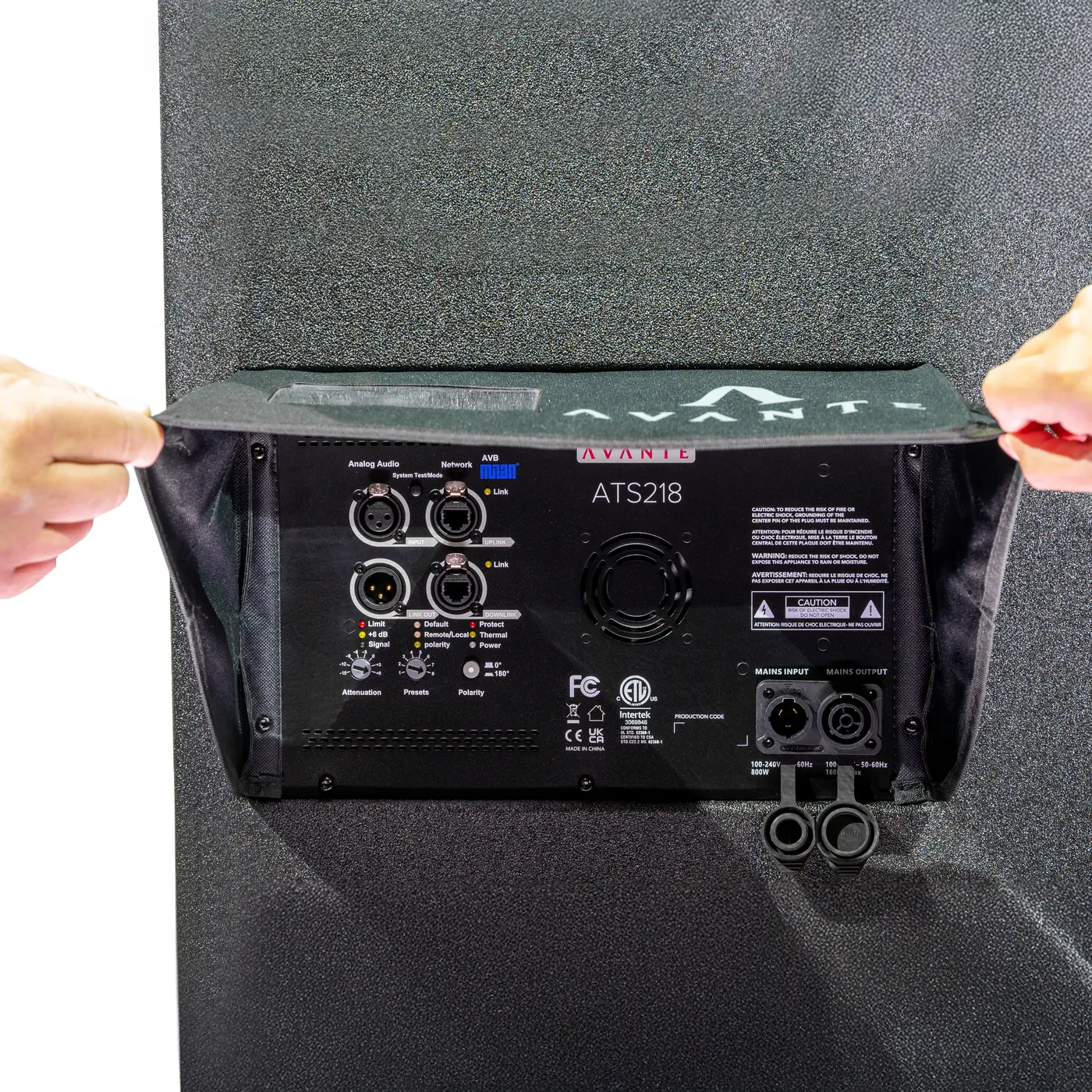 Avante AKRO ATS218 rear amplifier panel with protective amp cover being fitted