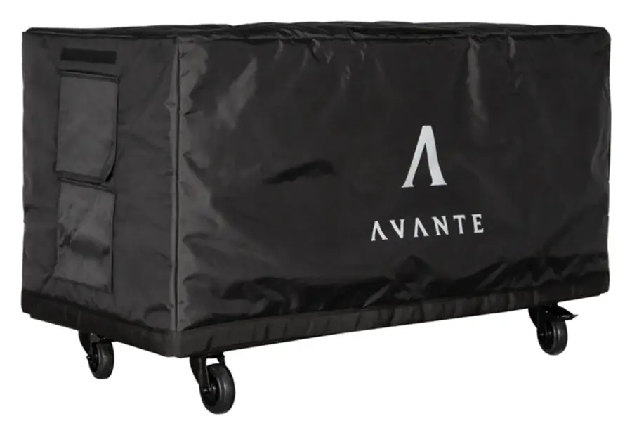 Avante CVR218 protective canvas cover fitted over an ATS218 subwoofer on a dolly