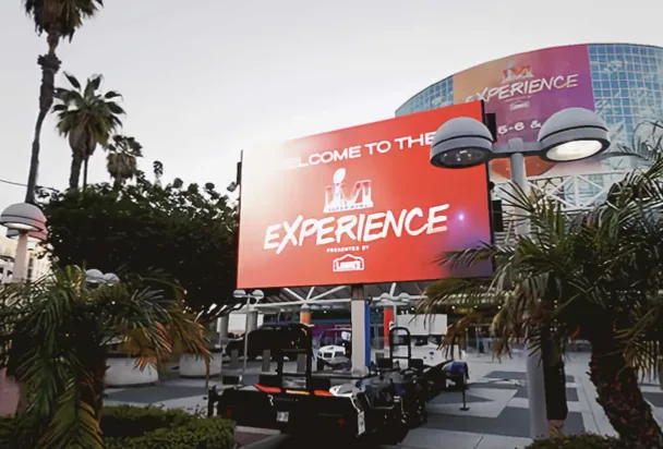 MOBO LED screen trailer running welcome graphics at an arena entrance
