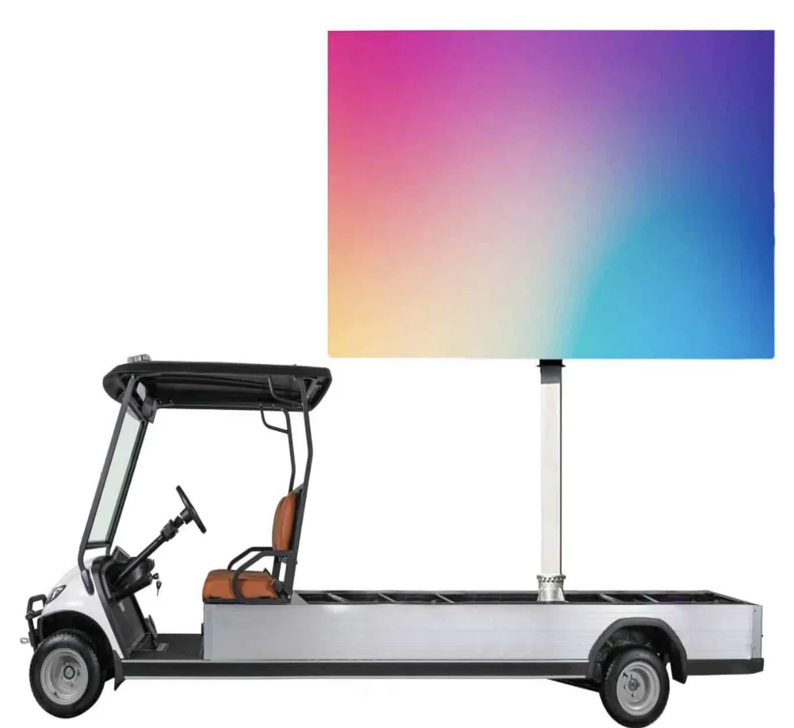 MOBO LED screen golf cart render showing an electric golf cart with a rear-mounted LED video screen