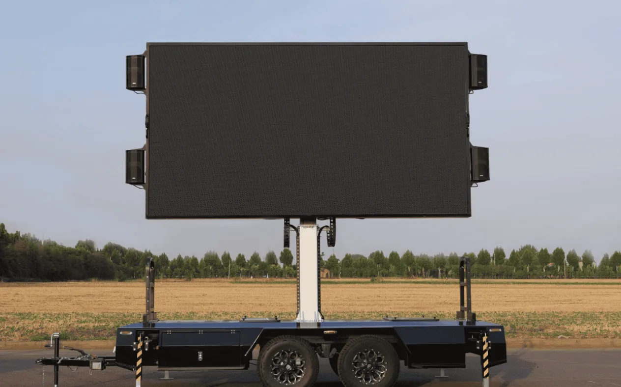 MOBO MB-10 LED screen trailer on a tandem-axle chassis with screen raised