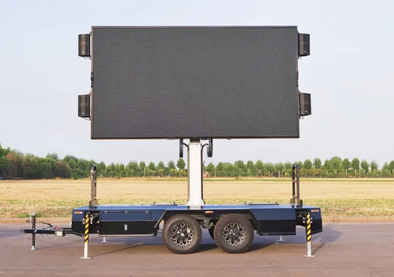 MOBO MB-10 mobile LED screen trailer deployed with screen at full height