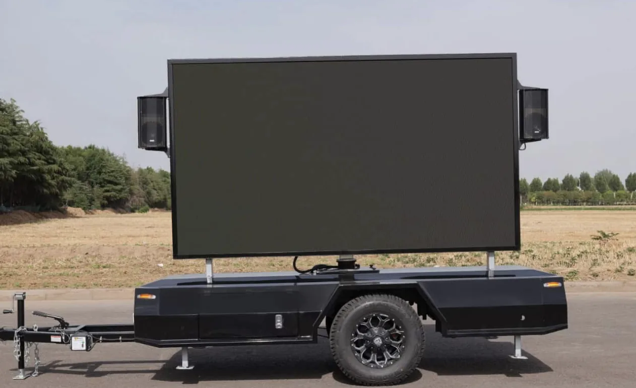 MOBO MB-5 Lite LED screen trailer with screen raised showing the MOBO logo