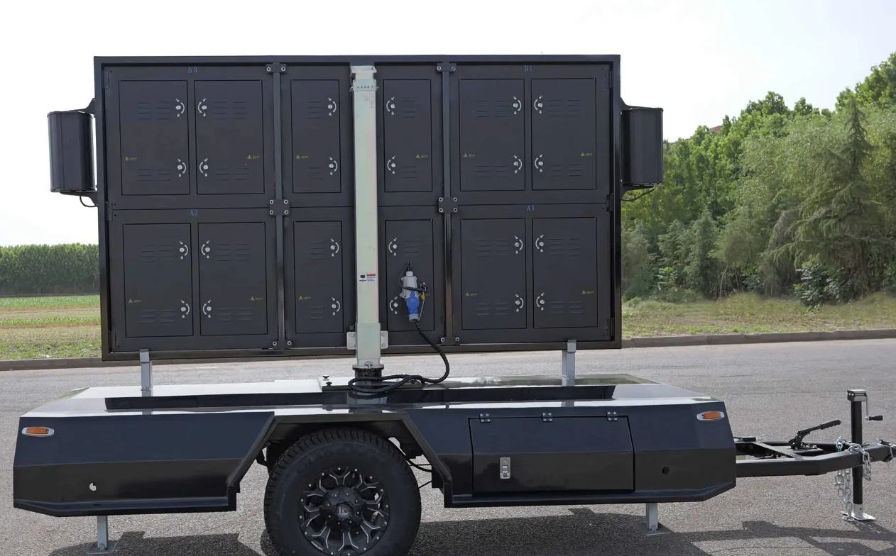 MOBO MB-5D double-sided LED screen trailer showing the twin back-to-back screen panels