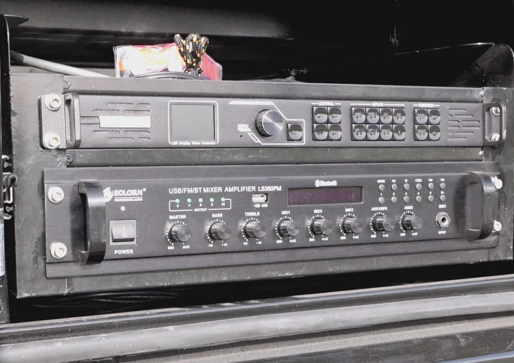 Media control cabinet with processor and amplifier on the MOBO MB-10 LED trailer