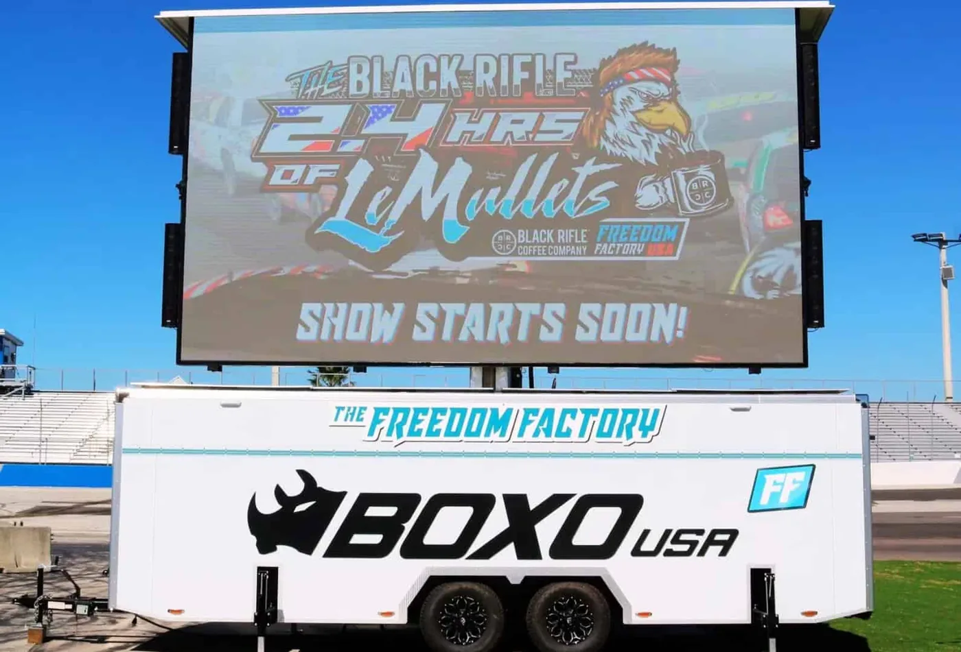 MOBO MB-22E enclosed LED trailer running race-day graphics at the Freedom Factory