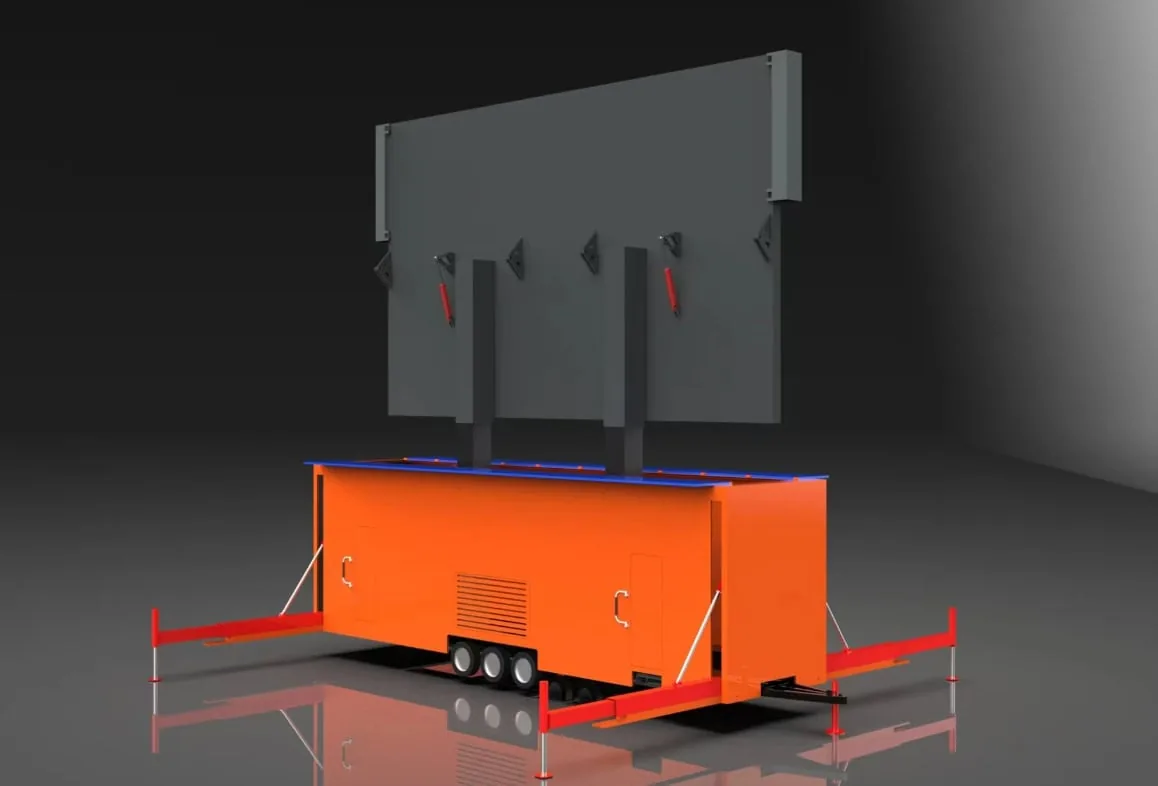 Rear render of the MOBO MB-60E jumbotron trailer with the screen partially folded