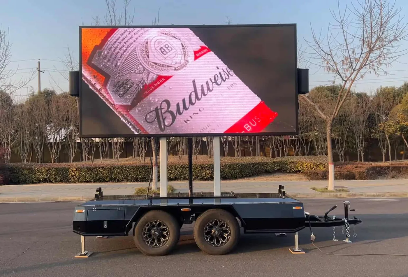 MOBO MB-7D double-sided LED screen trailer running a Budweiser advertising campaign